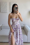 Eylül Desenli Gloplu Midi Elbise 13427 Lila