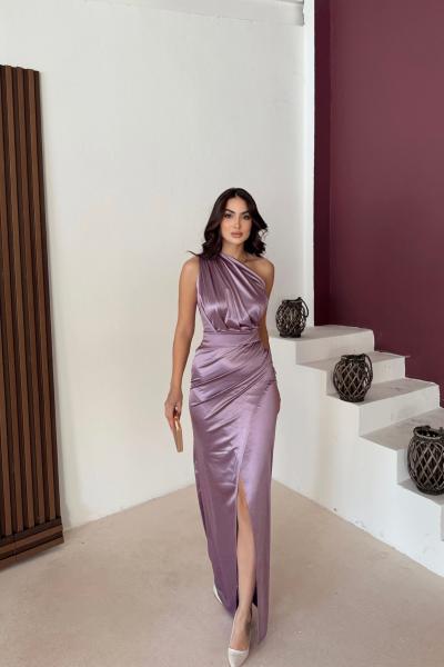 Fiona Tek Kol Drapeli Saten Abiye 582856 Lila