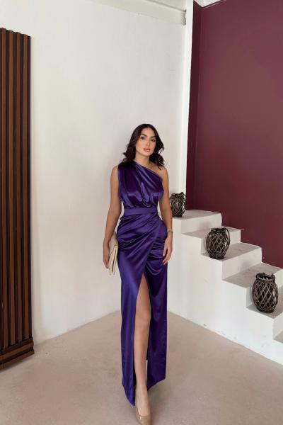 Fiona Tek Kol Drapeli Saten Abiye 582856 Mor