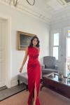Fiona Tek Kol Drapeli Saten Abiye 582856 Kırmızı