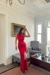 Fiona Tek Kol Drapeli Saten Abiye 582856 Kırmızı