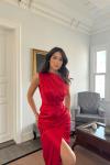 Fiona Tek Kol Drapeli Saten Abiye 582856 Kırmızı