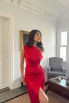 Fiona Tek Kol Drapeli Saten Abiye 582856 Kırmızı