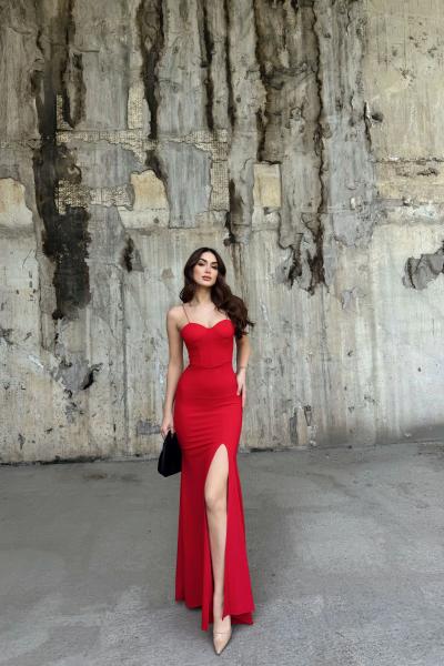 Francis Gloplu Yırtmaç Detay Abiye 2159 Kırmızı