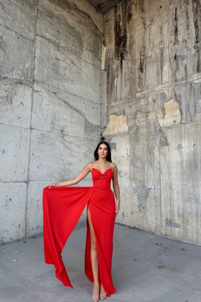 Fulya Straplez Yırtmaçlı Abiye 582467 B2x Kırmızı