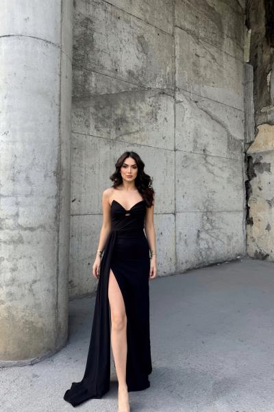 Fulya Straplez Yırtmaçlı Abiye 582467 B2x Siyah