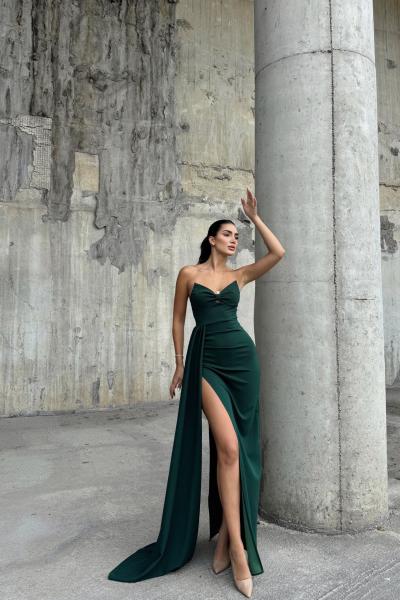 Fulya Straplez Yırtmaçlı Abiye 582467 B2x Zümrüt