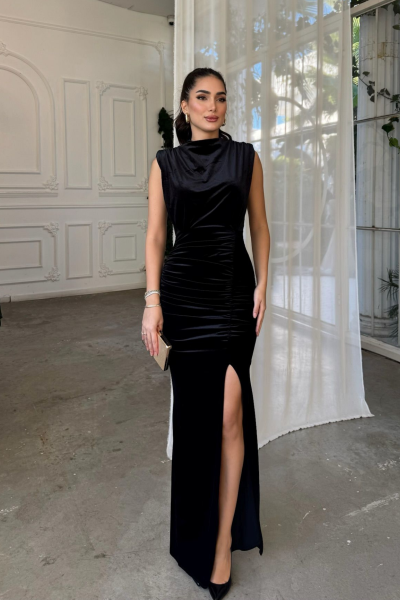 Gabriella Vatkalı Yırtmaçlı Kadife Abiye 9338 Siyah