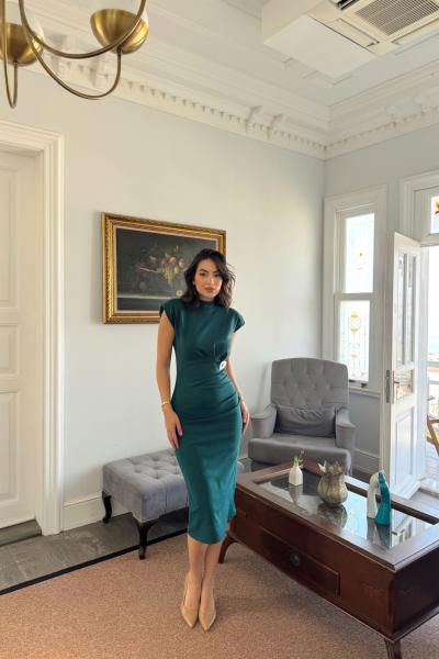 Garcia Yarım Boğazlı Drape Detaylı Kolsuz Elbise 45782 Zümrüt