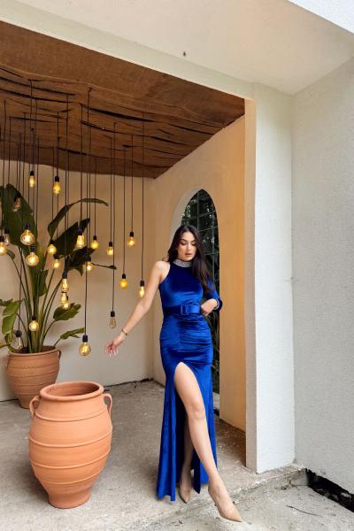 Halley Kemerli Sim Detay Kadife Abiye 582311 Saks Mavisi