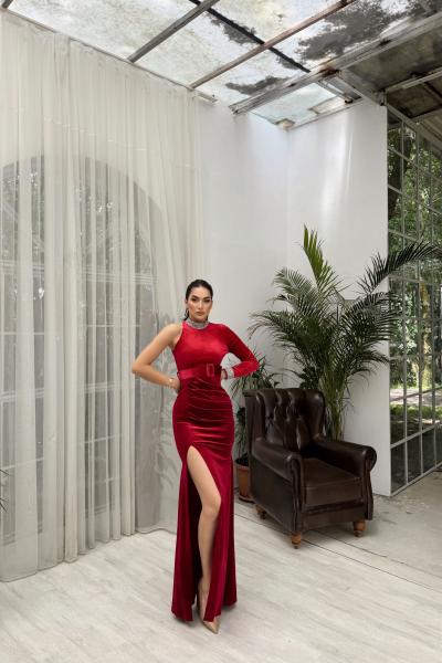 Halley Kemerli Sim Detay Kadife Abiye 582311 Bordo