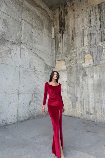 Hanny Yırtmaç Detay Kadife Abiye 582294 A1x Bordo