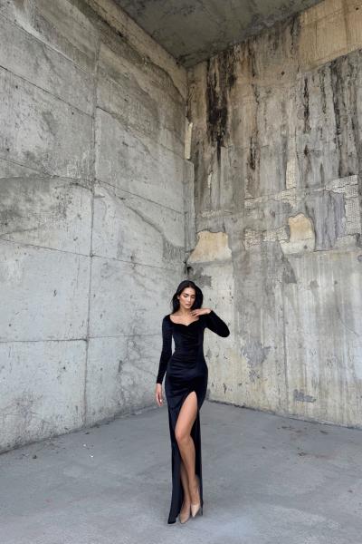 Hanny Yırtmaç Detay Kadife Abiye 582294 Siyah