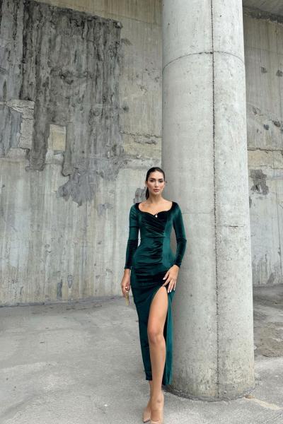 Hanny Yırtmaç Detay Kadife Abiye 582294 Zümrüt