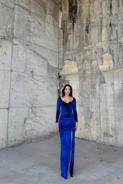 Hanny Yırtmaç Detay Kadife Abiye 582294 Saks Mavisi