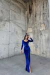 Hanny Yırtmaç Detay Kadife Abiye 582294 Saks Mavisi