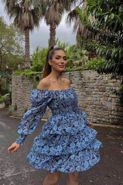 Kat Kat Volanlı Şifon Elbise 2831 D1xx Mavi