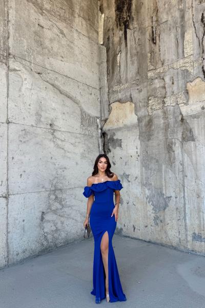 Katre Yaka Fırfırlı Yırtmaçlı Abiye 582834 Saks Mavisi