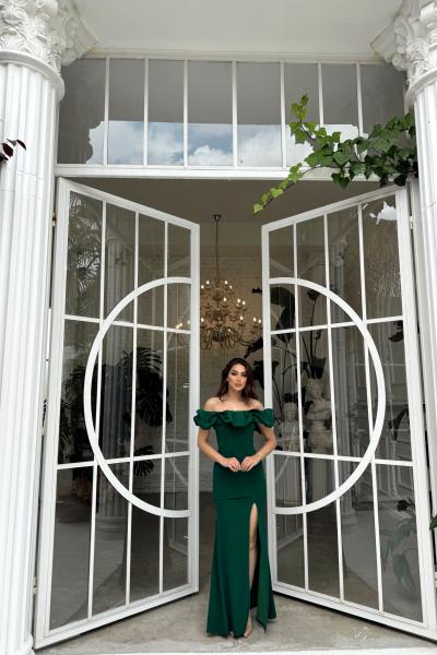 Katre Yaka Fırfırlı Yırtmaçlı Abiye 582834 Zümrüt