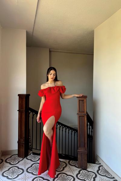 Katre Yaka Fırfırlı Yırtmaçlı Abiye 582834 Kırmızı