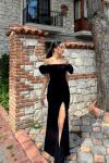 Katre Yaka Fırfırlı Yırtmaçlı Abiye 582834 Siyah