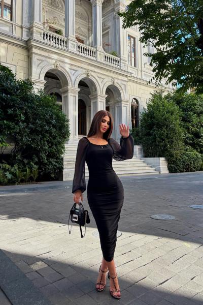 Kolları Tül Midi Elbise 3417 Siyah