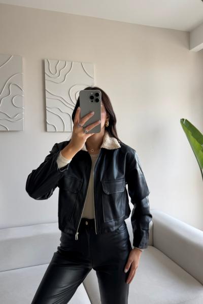 Leona Yaka Peluş Detay Ceket 2596 Siyah