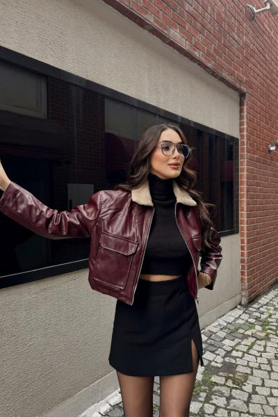 Leona Yaka Peluş Detay Ceket 2596 Bordo
