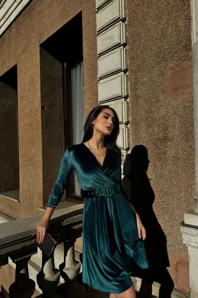 Leova Kemer Detay Kadife Mini Elbise 58644 Zümrüt