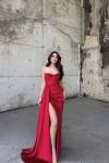 Leya Straplez Simli Kadife Abiye 583115 Kırmızı