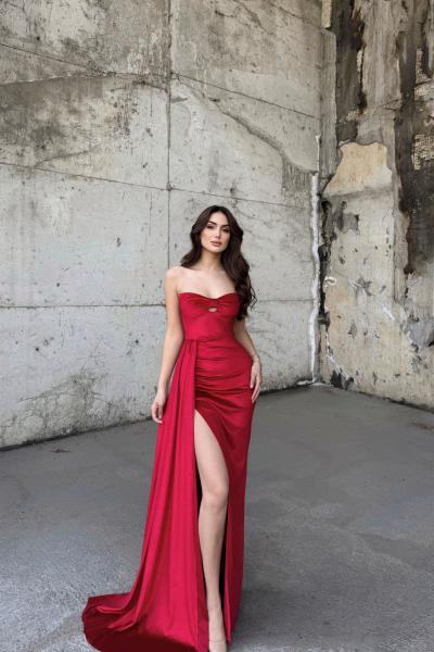 Leya Straplez Simli Kadife Abiye 583115 Kırmızı