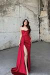 Leya Straplez Simli Kadife Abiye 583115 Kırmızı