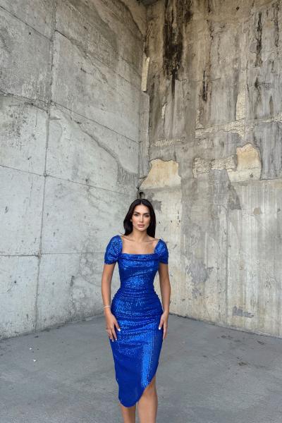 Lianna Degaje Yaka Midi Elbise 3896 Saks Mavisi