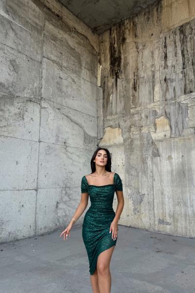 Lianna Degaje Yaka Midi Elbise 3896 Zümrüt