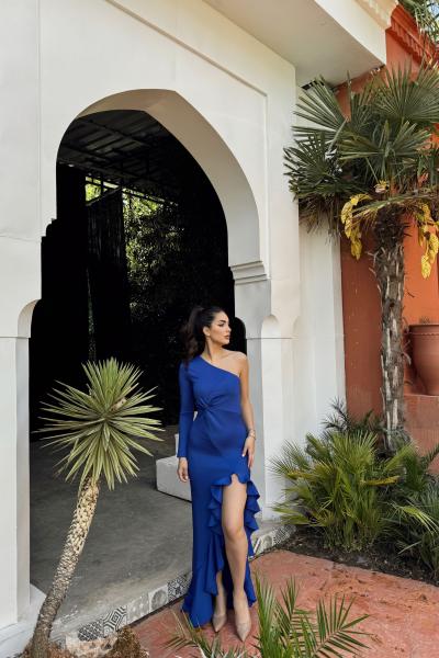 Marsiya Tek Kol Fırfır Yırtmaçlı Abiye 582268 Saks Mavisi