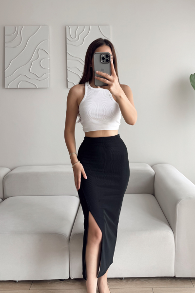 Masal Ottoman Kumaş Yırtmaçlı Maxi Etek 1854 Siyah