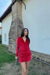 Melsa Büzgülü Kadife Elbise 582011 B11x Bordo