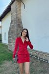 Melsa Büzgülü Kadife Elbise 582011 B11x Bordo