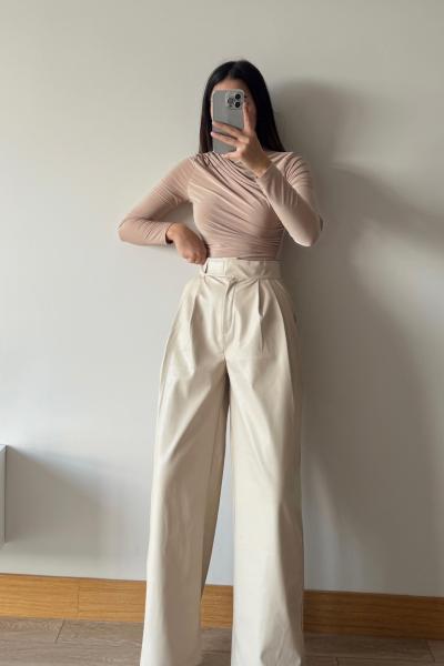 Mihra Cırtlı Deri Pantolon 9940 Taş Rengi