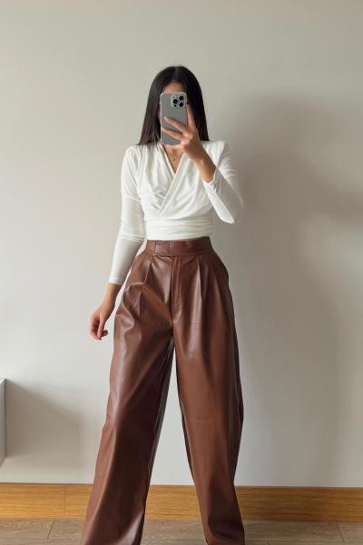 Mihra Cırtlı Deri Pantolon 9940 Kahverengi