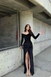 Mila Kayık Yaka Kadife Abiye 582273 Siyah