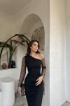 Nia Kayık Omuz Tül Elbise 583124 Siyah