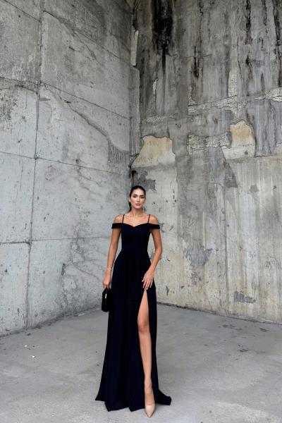 Omuzları Düşük Yırtmaçlı Abiye 58871 A16x Siyah