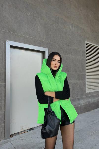 Oversize Fermuar Detay Kapitone Şişme Yelek 2023 Neon Yeşil