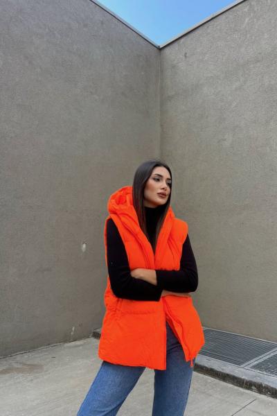 Oversize Fermuar Detay Kapitone Şişme Yelek 2023 Neon Turuncu
