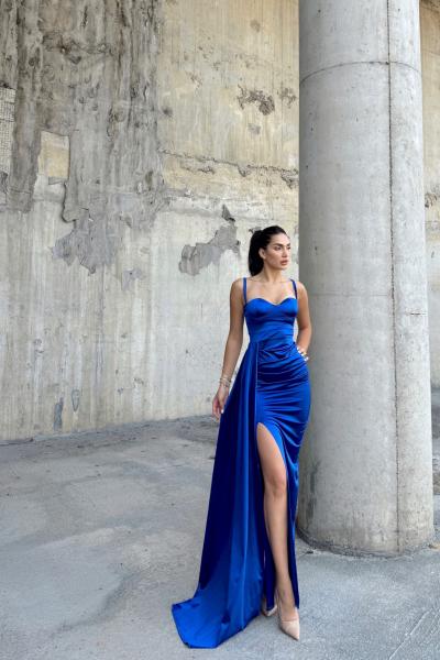 Pamela Yırtmaç Detay Kuyruklu Abiye 582234 Saks Mavisi