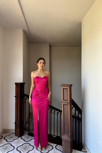 Pamira Ön Düğüm Detay Straplez Saten Abiye 582836 Fuşya