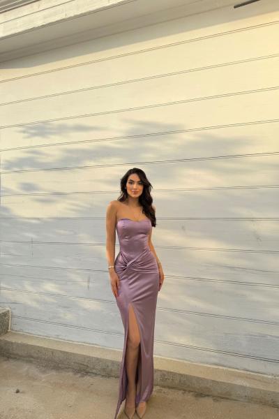 Pamira Ön Düğüm Detay Straplez Saten Abiye 582836 Lila