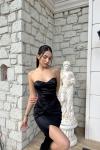 Pamira Ön Düğüm Detay Straplez Saten Abiye 582836 Siyah