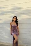 Pamira Ön Düğüm Detay Straplez Saten Abiye 582836 Lila